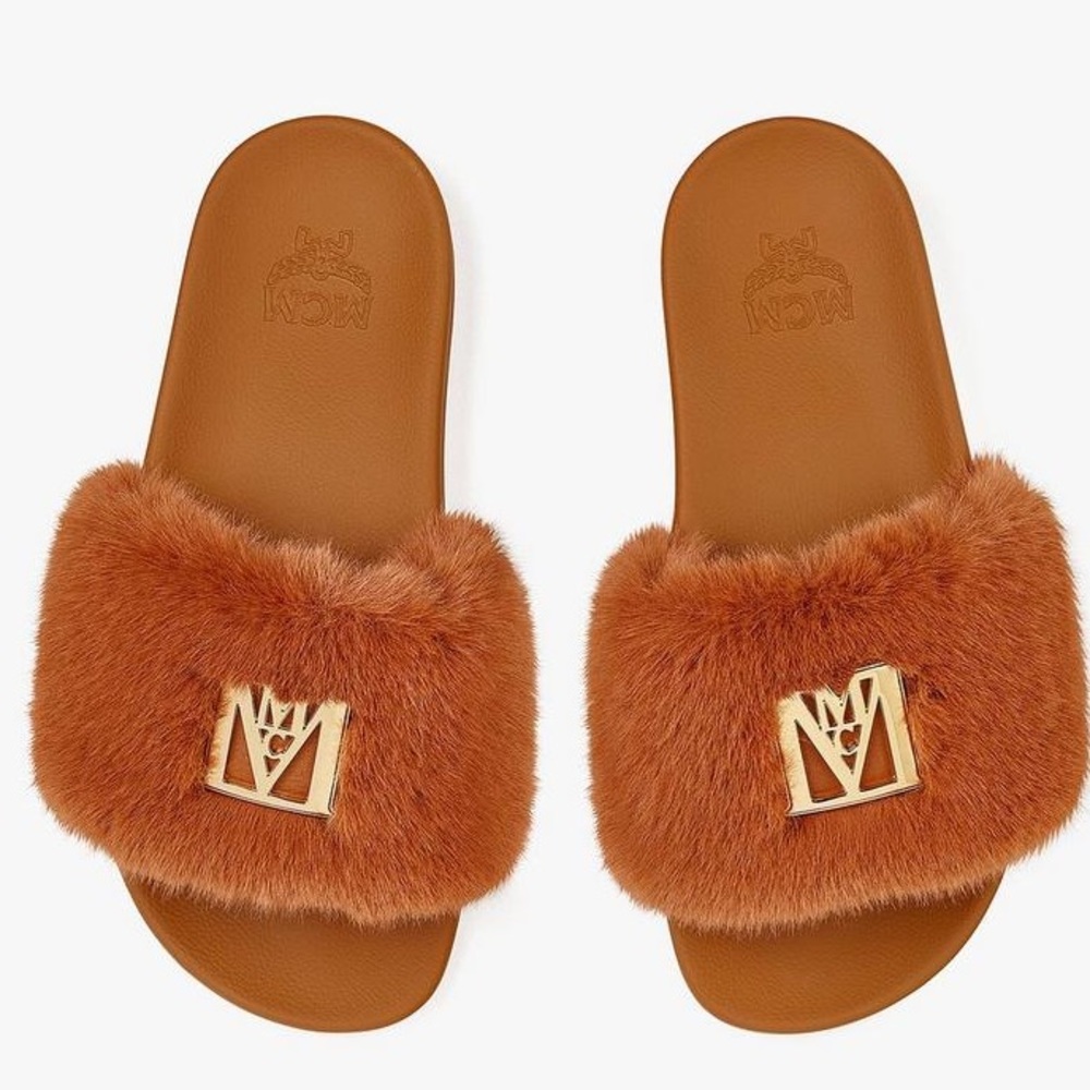 Mcm Faux Fur Logo Slide/Sandals
